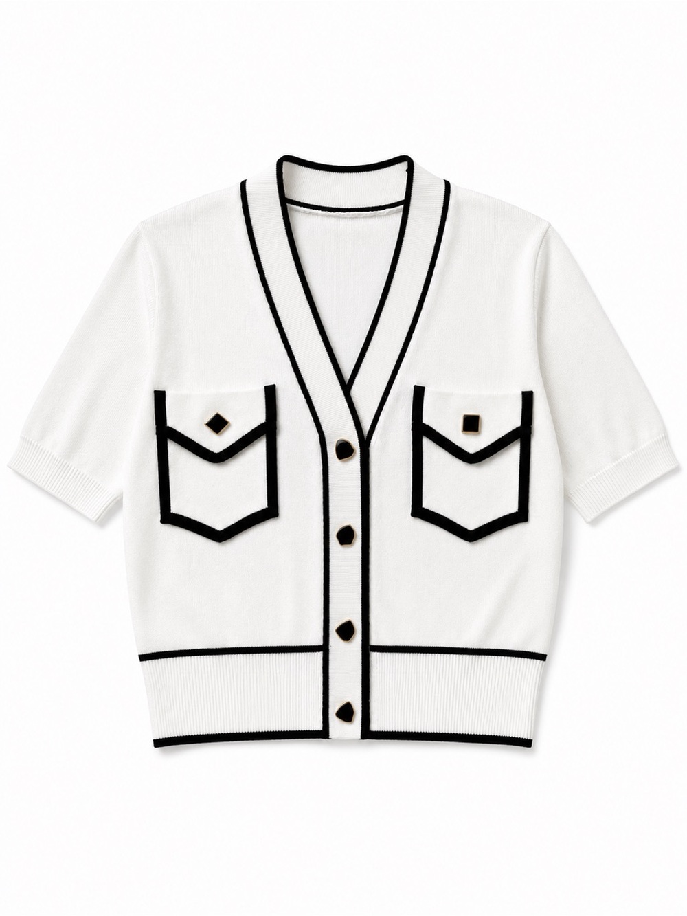 Coquette Black & White Contrast Knit Cardigan – Gold Button Sweater